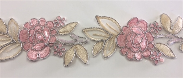 LNS-BBE-179-PINKCHAMPAGNSILVER.  BRIDAL BEADED LACE - PINK-CHAMPAIGN-SILVER - 2.0 INCHES
