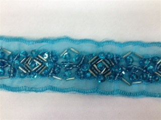 LNS-BBE-183-BLUE.  BEADED BRIDAL LACE - 1.5 INCH