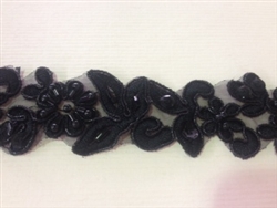 LNS-BBE-199-BLACK.  BRIDAL BEADED TRIM - BLACK- 1.25 INCH WIDE