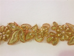 LNS-BBE-199-METALICCAMEL.  BRIDAL BEADED TRIM - METALIC GOLD - 1.25 INCH WIDE