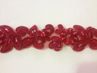 LNS-BBE-199-RED.  BRIDAL BEADED TRIM - RED - 1.25 INCH WIDE