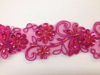 LNS-BBE-200-FUCHSIA. EMBROIDERED BRIDAL BEADED LACE WITH PEARLS - 1.5" - FUCHSIA