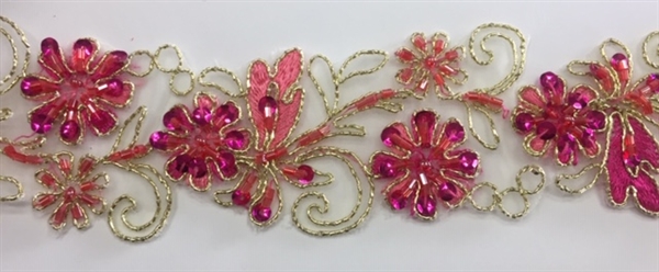 LNS-BBE-200-FUCHSIAGOLD. EMBROIDERED BRIDAL BEADED LACE - 1.5" - FUCHSIA-GOLD