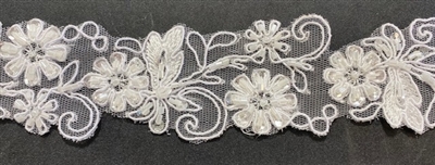 LNS-BBE-200-WHITE. EMBROIDERED BRIDAL BEADED LACE WITH SEQUINS - 1.5" - WHITE