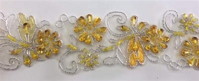 LNS-BBE-200-YELLOWSILVER. EMBROIDERED BRIDAL BEADED LACE - 1.5" - YELLOW-SILVER