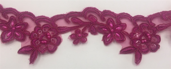 LNS-BBE-203-FUCHSIA.  FUCHSIA EMBROIDERY BRIDAL BEADED LACE ON ORGANZA