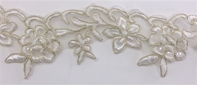 LNS-BBE-203-IVORYGOLD. IVORY BRIDAL BEADED LACE WITH GOLD BORDERS ON ORGANZA