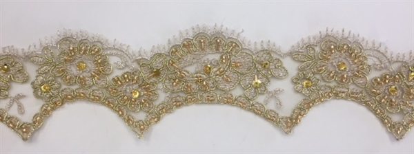 LNS-BBE-206-GOLD. BRIDAL BEADED LACE - 2 " WIDE