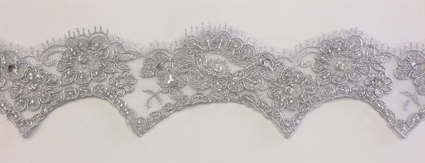 LNS-BBE-206-SILVER. BRIDAL BEADED LACE - 2 " WIDE