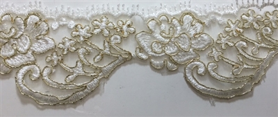 LNS-BBE-215-OFFWHITE-GOLD. BRIDAL EMBROIDERED LACE WITH GOLD BORDERS- 2.5 " WIDE