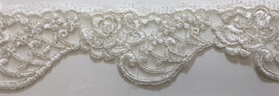 LNS-BBE-215-OFFWHITE-SILVER. BRIDAL EMBROIDERED LACE WITH SILVER BORDERS- 2.5 " WIDE