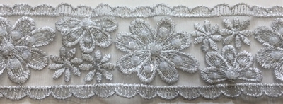 LNS-BBE-216-SILVER. BRIDAL EMBROIDERED LACE WITH SEQUINS - 2 " WIDE
