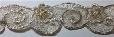 LNS-BBE-217-GOLD. BRIDAL EMBROIDERED LACE WITH SEQUINS - 1 3/4 " WIDE