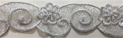 LNS-BBE-217-SILVER. BRIDAL EMBROIDERED LACE WITH SEQUINS - 1 3/4 " WIDE
