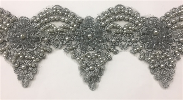 LNS-BBE-222-ANTIQUESILVER.  Fully Beaded Bridal Lace with Silver Pearls - Antique Silver - 4 Inch Wide