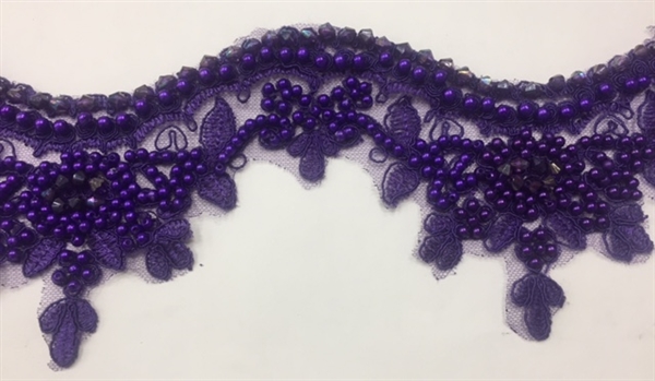 LNS-BBE-223-PURPLE. Bridal Lace with Exquisite Embroideries and Silver Pearls - Purple - 4 Inch Wide