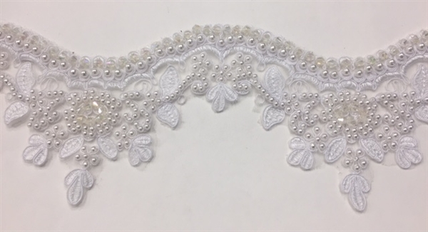 LNS-BBE-223-WHITE. Bridal Lace with Exquisite Embroideries and Silver Pearls - White - 4 Inch Wide