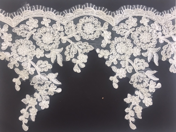 LNS-BBE-225-OFFWHITE. Off-White Bridal Lace with Exquisite Embroideries and White Sequins and Pearls - White - 8 Inch Wide