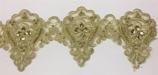 LNS-BBE-226-GOLD. Bridal Lace with Exquisite Embroideries, Gold Pearls and Sequins, Gold Metallic Bordering - Gold - 5 Inch Wide