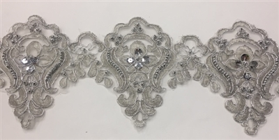 LNS-BBE-226-SILVER. Bridal Lace with Exquisite Embroideries, Silver Pearls, Silver Metallic Bordering - Silver - 5 Inch Wide