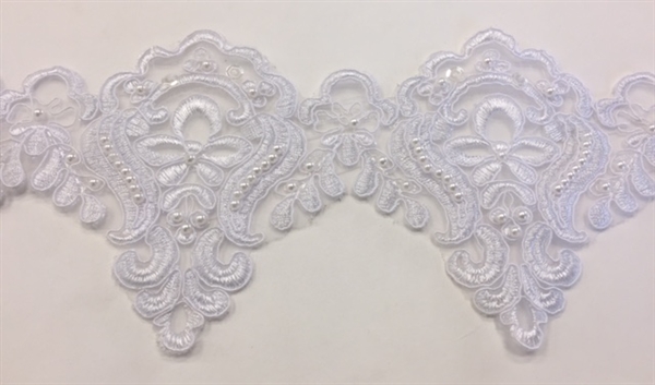 LNS-BBE-226-WHITE. Bridal Lace with Exquisite Embroideries and White Pearls - White - 5 Inch Wide
