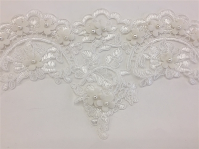 LNS-BBE-227-WHITE. Bridal Lace with Exquisite Embroideries and White Pearls - White - 5.75 Inch Wide