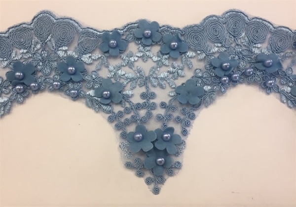 LNS-BBE-228-BLUE. Blue Bridal Lace with Exquisite Embroideries, Blue Pearls and Raised Flowers - 5 Inch Wide