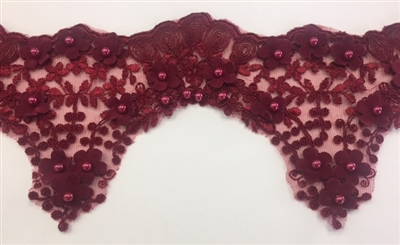 LNS-BBE-228-BURGUNDY. Burgundy Bridal Lace with Exquisite Embroideries, Burgundy Pearls and Raised Flowers - 5 Inch Wide