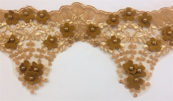 LNS-BBE-228-CAMEL. Camel Bridal Lace with Exquisite Embroideries, Gold Pearls, and Raised Mustard Flowers - 5 Inch Wide