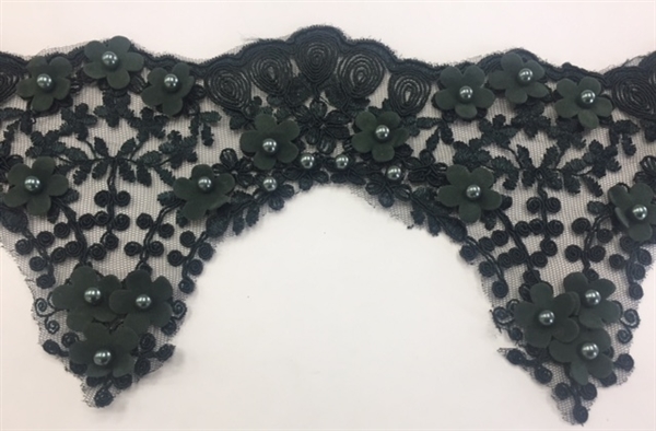 LNS-BBE-228-HUNTERGREEN. Hunter-Green Bridal Lace with Exquisite Embroideries, Green Pearls and Raised Flowers - 5 Inch Wide