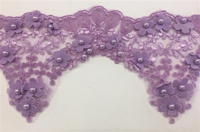 LNS-BBE-228-LILAC. Lilac Bridal Lace with Exquisite Embroideries, Lilac Pearls and Raised Flowers - 5 Inch Wide