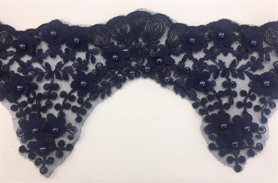 LNS-BBE-228-NAVY. Navy Bridal Lace with Exquisite Embroideries, Navy Pearls and Raised Flowers - 5 Inch Wide