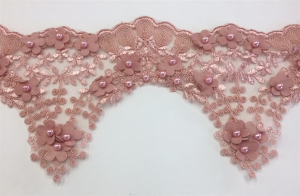 LNS-BBE-228-PEACH. Peach Bridal Lace with Exquisite Embroideries, Peach Pearls and Raised Flowers - 5 Inch Wide