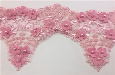 LNS-BBE-228-PINK. Pink Bridal Lace with Exquisite Embroideries, Pink Pearls and Raised Flowers - 5 Inch Wide