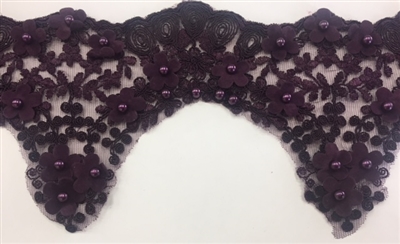 LNS-BBE-228-PLUM. Plum Bridal Lace with Exquisite Embroideries, Plum Pearls and Raised Flowers - 5 Inch Wide