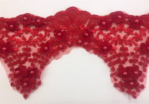 LNS-BBE-228-RED. Red Bridal Lace with Exquisite Embroideries and Red Pearls - 5 Inch Wide