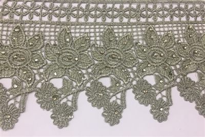 LNS-BBE-232-OLIVE. Olive Bridal Lace with Shiny Crystals - Sold By the Yard - 4.75 Inch Wide