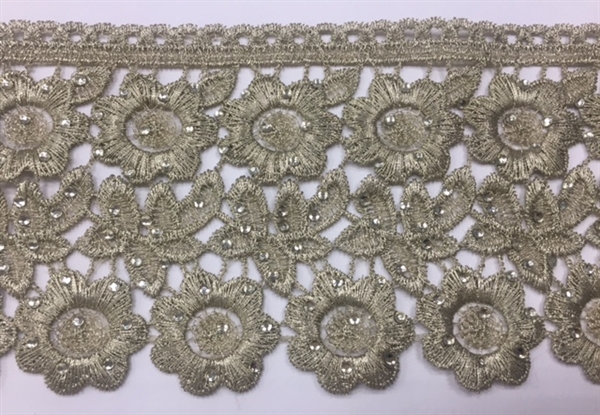 LNS-BBE-233-GOLD. Gold Bridal Lace with Shiny Crystals - Sold By the Yard - 3.5 Inch Wide