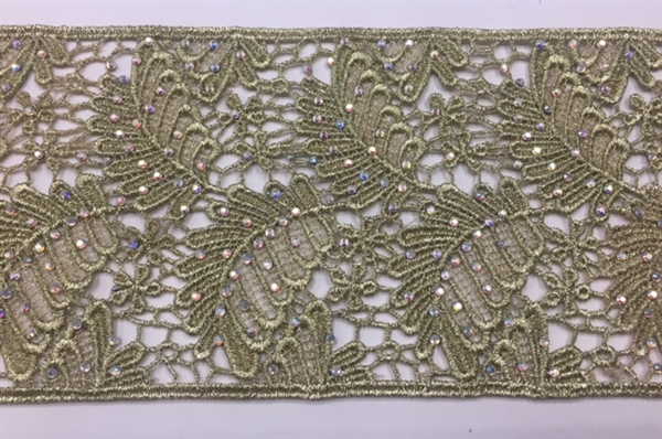 LNS-BBE-234-GOLD. Gold Bridal Lace with Shiny Crystals - Sold By the Yard - 3.75 Inch Wide