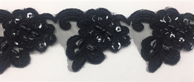 LNS-BBE-237-BLACK. Black Embroidered Bridal Lace with Sequins and Beads - Sold By the Yard - 2 Inch Wide