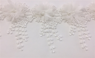 LNS-BBE-239-WHITE.  White Bridal Lace with White Pearls on Raised Flowers - Sold By the Yard - 3.5 Inch Wide