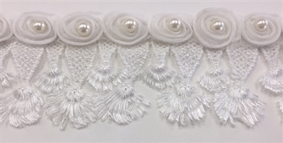 LNS-BBE-240-WHITE.  White Bridal Lace with White Pearls on Raised Flowers - Sold By the Yard -  2 Inch Wide