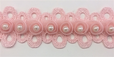 LNS-BBE-241-PINK.  Pink Bridal Lace with White Pearls on Raised Flowers - Sold By the Yard - 1.5 Inch Wide