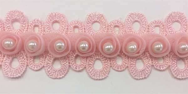 LNS-BBE-241-PINK.  Pink Bridal Lace with White Pearls on Raised Flowers - Sold By the Yard - 1.5 Inch Wide