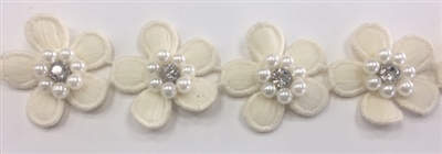 LNS-BBE-243-BEIGE.   Beige Floral Bridal Trim with White Pearls and Crystal Rhinestone in the Center of Flower - Sold By the Yard - 1.25 Inch Wide