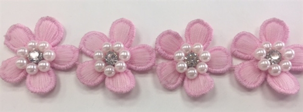LNS-BBE-243-PINK.   Pink Floral Bridal Trim with White Pearls and Crystal Rhinestone in the Center of Flower - Sold By the Yard - 1.25 Inch Wide