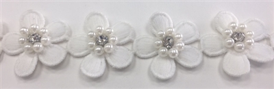 LNS-BBE-243-WHITE.  White Floral Bridal Trim with White Pearls and Crystal Rhinestone in the Center of Flower - Sold By the Yard - 1.25 Inch Wide