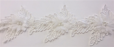 LNS-BBE-244-WHITE.  White Floral and Leaves Bridal Trim with White Pearls in the Center of Flower - Sold By the Yard - 3.5 Inch Wide
