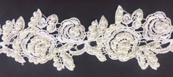 LNS-BBE-246-OFFWHITE.  White Bridal Lace with Off-White Pearls - Sold By the Yard - 2 Inch Wide