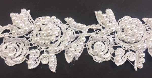 LNS-BBE-246-WHITE.  White Bridal Lace with White Pearls - Sold By the Yard - 2 Inch Wide